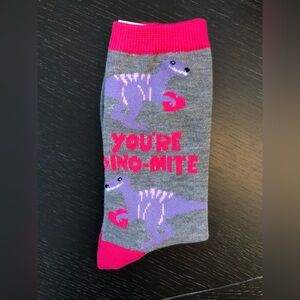 NWT dinosaur pun (“You’re dino-mite”) socks grey and hot pink (OS)